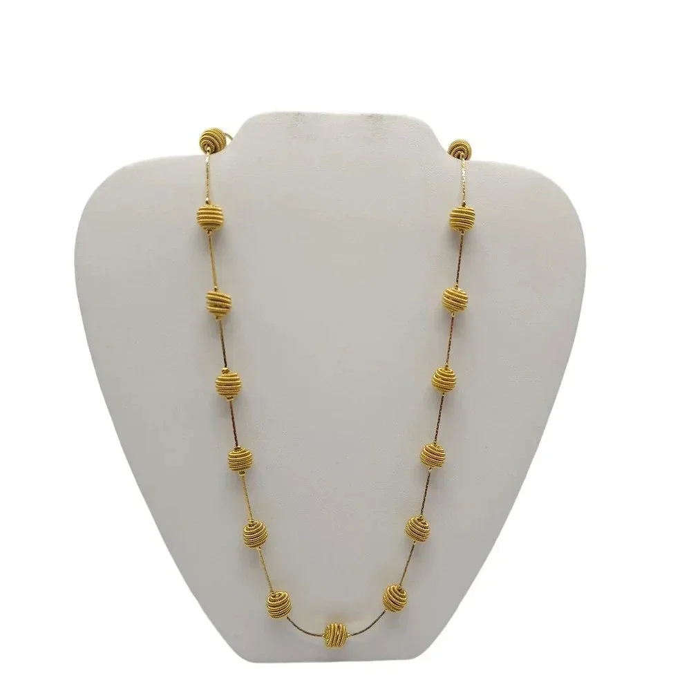 Textured Coiled Spiral Beads Station Chain Long Necklace Gold Tone Vintage